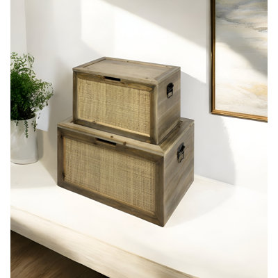 2 Piece Brown and Natural Wood And Cane Storage Boxes