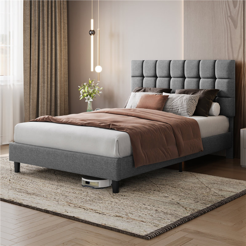 Size Modern Upholstered Bed Frame with Adjustable Square Tufted Headboard, Light Grey, Kingsize (5')