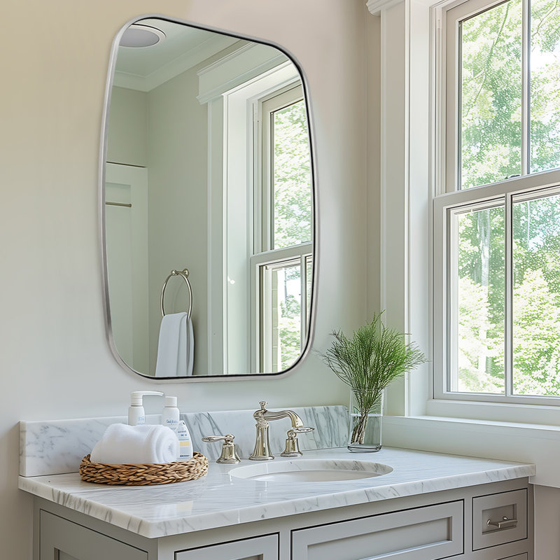 Contemporary Oblong Bathroom Vanity Mirror | Stainless Steel Thick Frame, Brushed Nickel, 36" x 28"