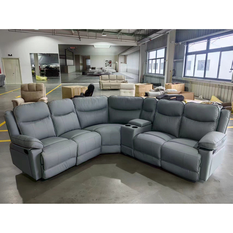 Canapé modulaire d'angle inclinable en forme de L manuel, canapé inclinable recouvert de similicuir rembourré incurvé avec console centrale et porte-gobelets pour salon Home Cinéma