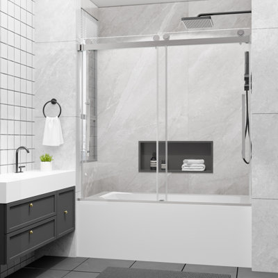 56-60 in. W x 58 in. H Frameless Double Sliding Tub Door, 1/4" Clear Tempered Glass, Brushed Nickel