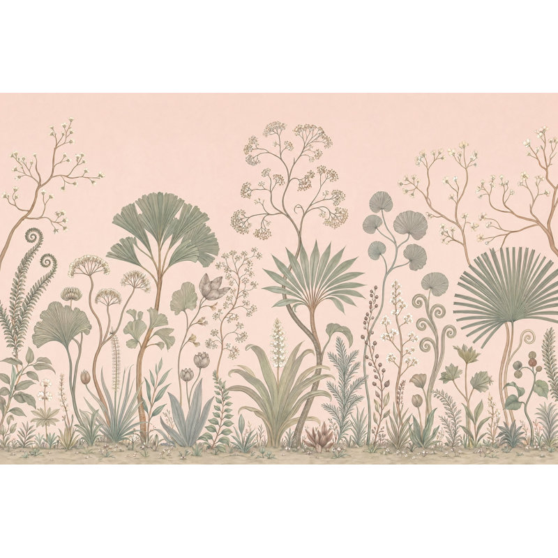 Papier peint botanique pastel, rosé, fond rose, feuillage vert sauge, décoration murale amovible, 120"x96"
