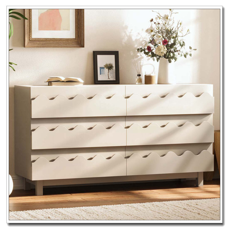 60" Length 6 Drawer Dresser with Wave Front Design, Ivory
