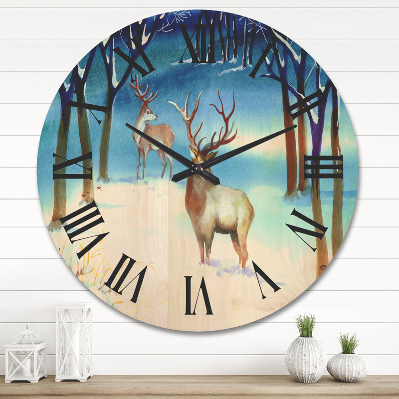 Horloge murale paysage d'hiver avec cerfs, Très grand
