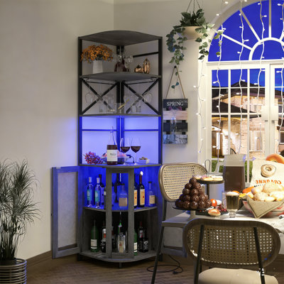 Corner Bar Cabinet with Power Outlet,Industrial Wine Cabinet with LED Strip and Glass Holder