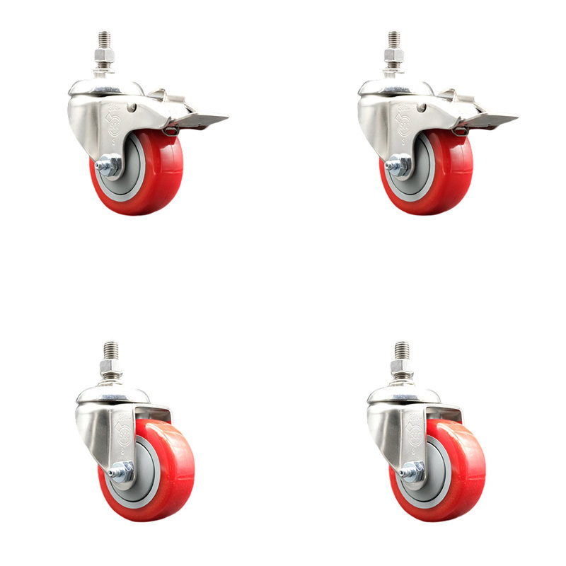 Ensemble de 3 roulettes à tige filetée en polyuréthane rouge de 3 pouces avec filetage de 12 mm et 2 freins