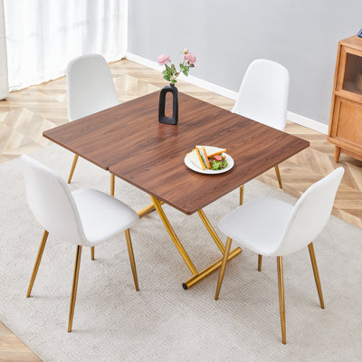 Adjustable Lift Dining Table Set With Gold Metal Legs, Wood Grain Mdf Top & 4 Linen Chairs For Modern Home