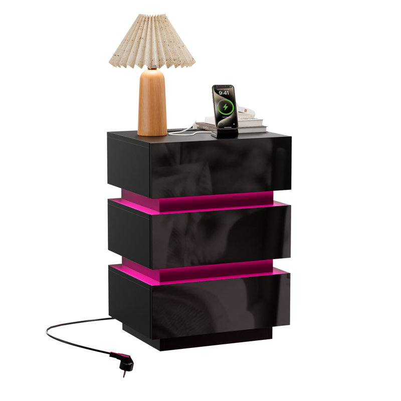 3 Drawers Bedside Table, Black Bedside Cabinet with LED Light & UK Charging Station 2AC/2USB, Wooden Storage Side Cabinet for Bedroom Living Room Corner, UK Plug