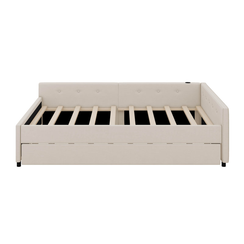 Lit plateforme tapissier avec port USB et lit gigogne simple, Double
