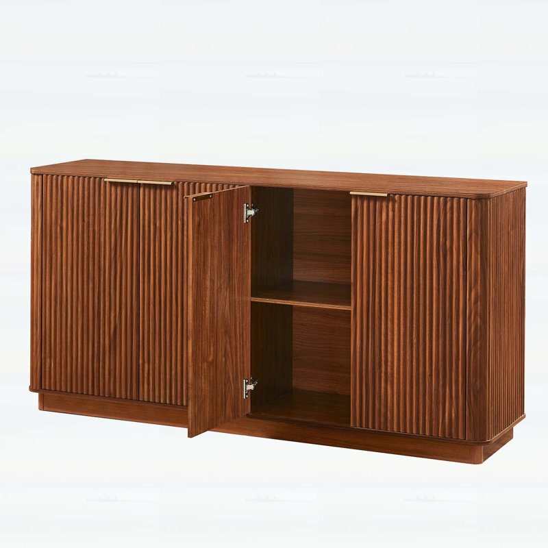 Vertical Stripe Buffet Cabinet with Storage,Curved Wave Design, Walnut