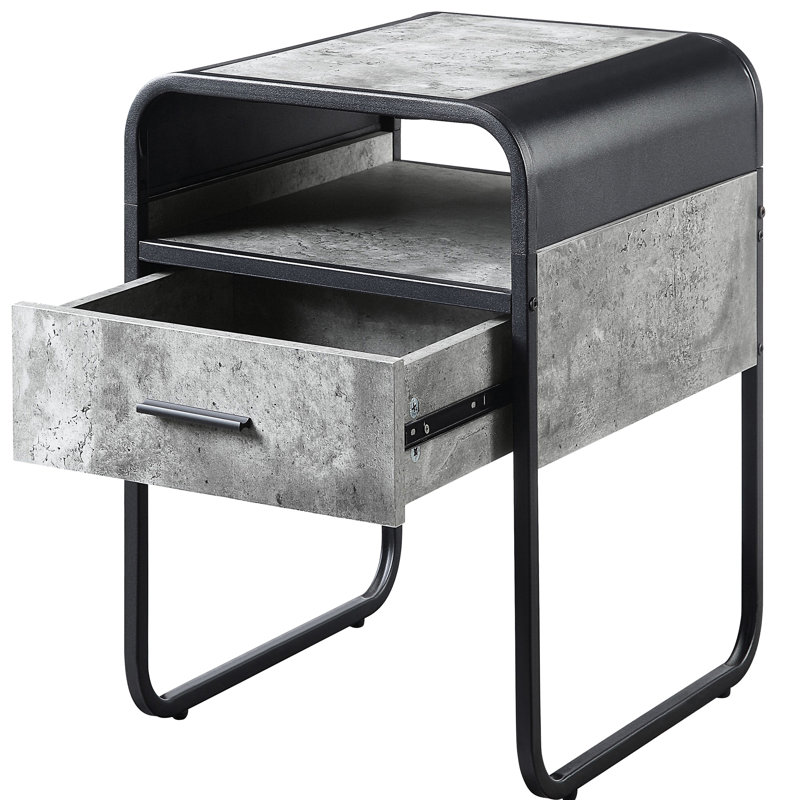 Table de bout moderne en béton gris et noir, élégante distinction courbée, tiroir de rangement et tablette, table à cadre en métal pour le salon, avec bords