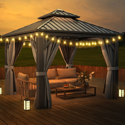 Outdoor Aluminum Hardtop Patio Gazebo with Curtain and Netting