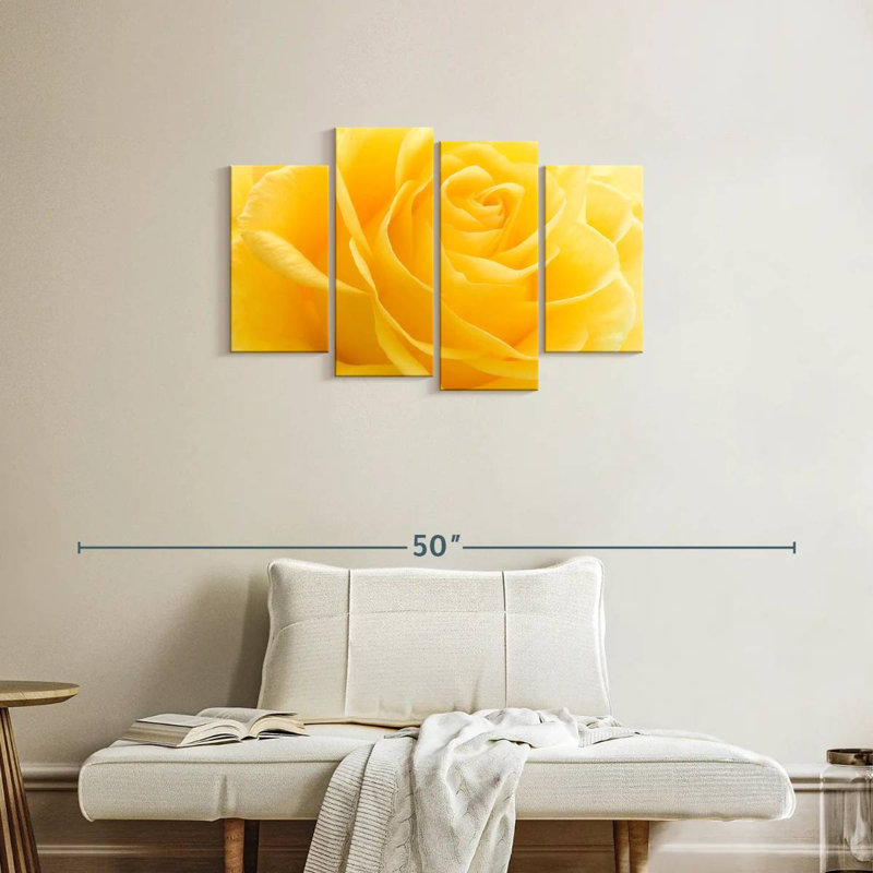 Ensemble de 4 pièces de pétales de roses jaunes sur toile, H 22 po x l 36 po x P 1 po