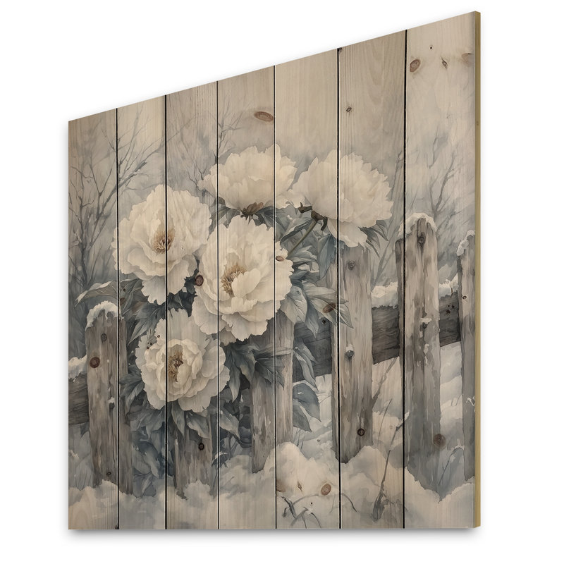 Peonies By The Snowy Fence In Winter II - Peonies Wood Print - On Natural Pine Wood, 30" H x 30" W x 0.78" D