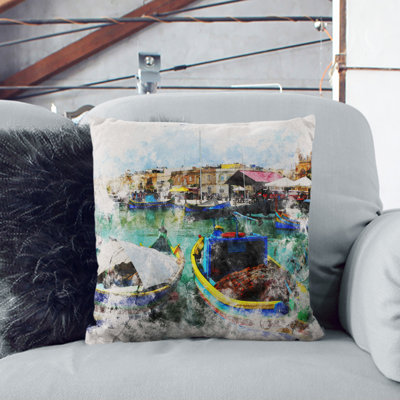 Fishing Boats in Malta Watercolour Scatter Cushion