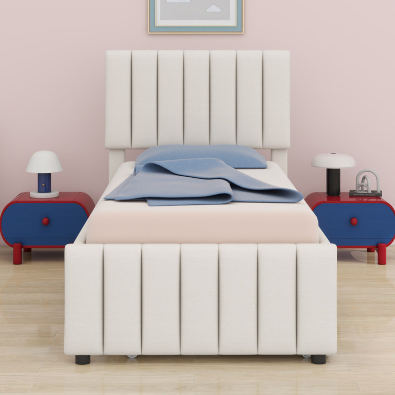 Lit plateforme tapissier avec lit gigogne et tiroirs, Beige, Lit simple
