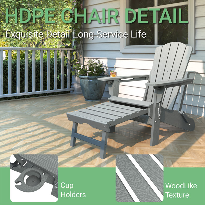 Folding Adirondack Chair With Cup Holder,HDPE Outdoor Chair With Comfort Ergonomic Seat For Patios,Lawn,Garden, Backyard Use