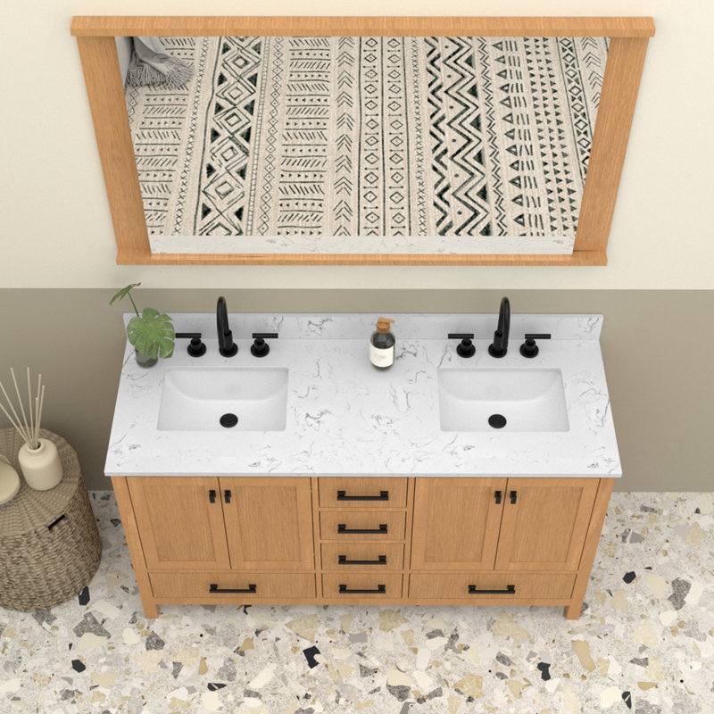 60" Quartz Bathroom Vanity Top With Double Rectangular Undermount Sinks And 4" Backsplash
