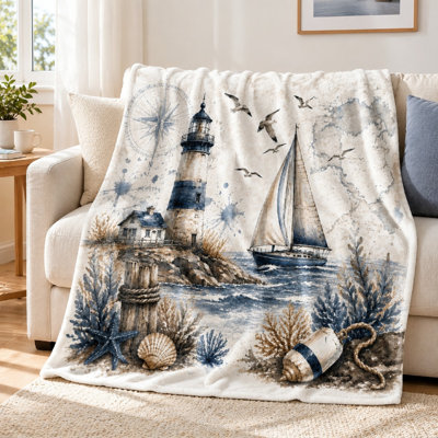 1Pcs Nautical Lighthouse Sailboat Print Fleece Blanket – Artistic Coastal Theme;Single-SidedCozy and Warm for HomeBeach Ocean Inspired DecorPerfect Living Room BedroomA Unique Gift Enthusiasts. Bedding sofa