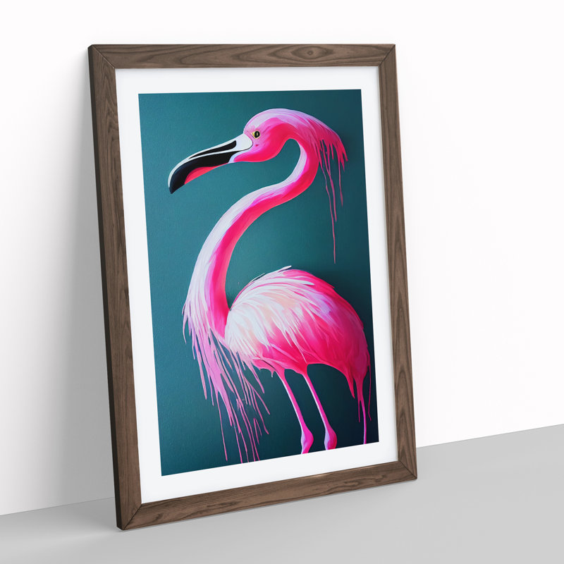 Paint Drip Flamingo - Wrapped Canvas Painting, 64cm H x 46cm W x 2cm D, Walnut Framed
