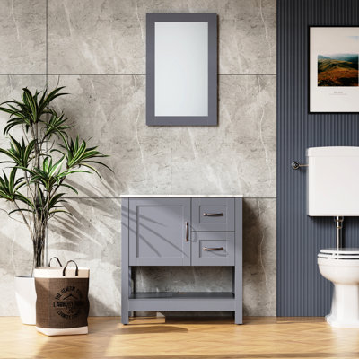 Bathroom Sink Vanity 30In Gray - Marble Pattern Top, Scratch, Shatter, Oil Proof, Stain-, Dark Blue Object Gray, Special Sheet Coating, Furnishing Piece