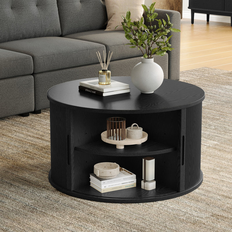 Table basse ronde avec grand rangement Leathia, Noir, Standard Top/1 Cabinet
