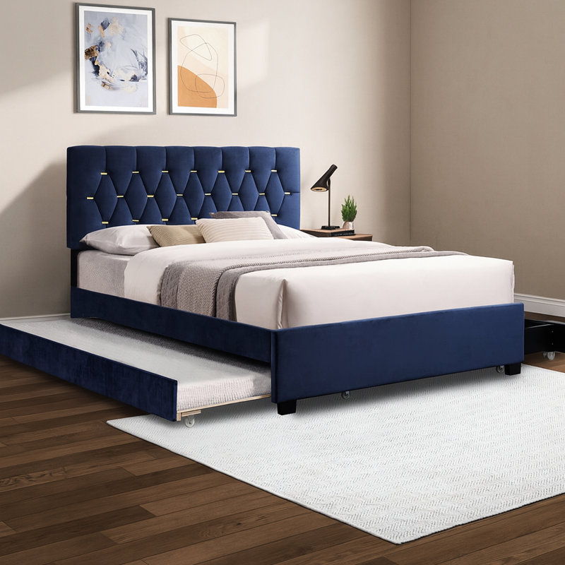 Grand lit bleu avec lit gigogne escamotable et deux tiroirs en tissu, revêtement en velours élégant, fabrication, convient au matériau de rangement de la chambre principale, matériau doux, chambres d'amis idéales