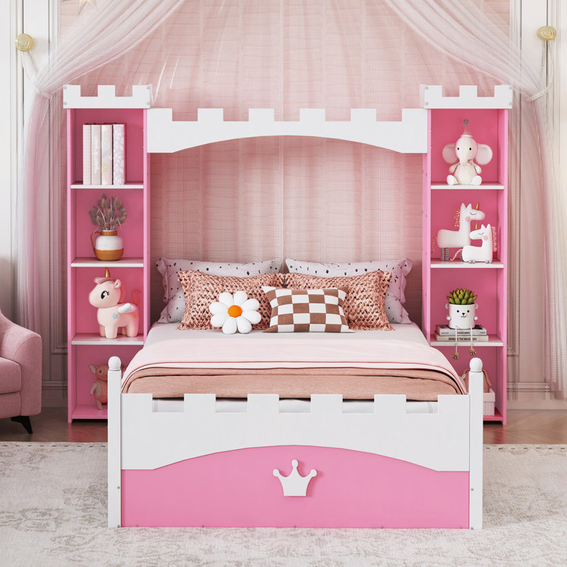 Lit en bois en forme de château avec tablette de rangement, lit plateforme simple Dreamy pour chambre d'enfant