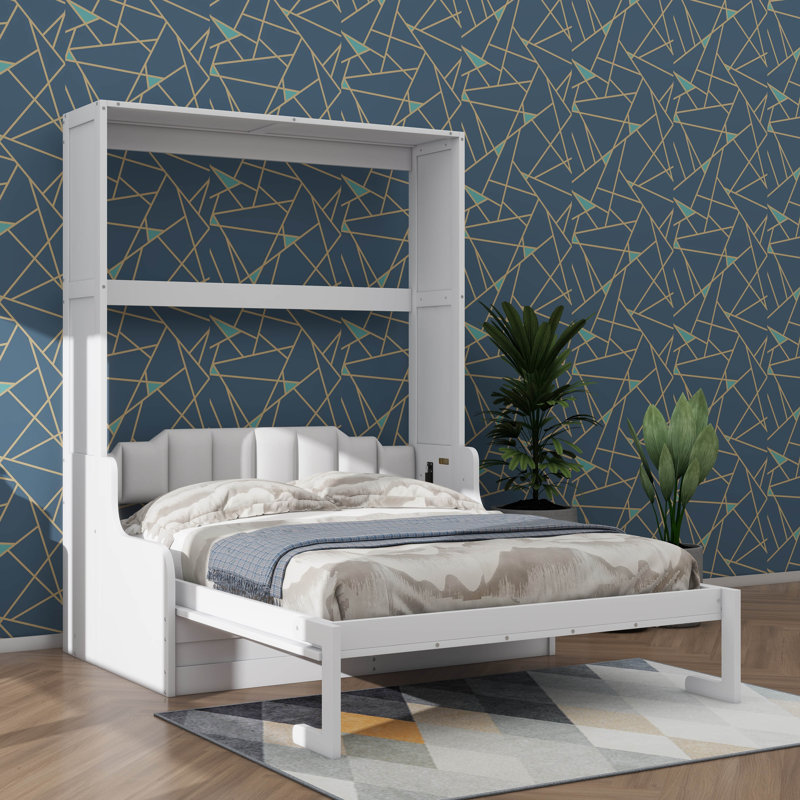 Grand lit escamotable mural avec coussin, structure de lit pliable en bois transformable en canapé, Blanc