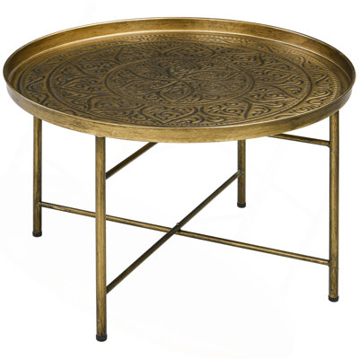 Nicholas 24" Round Coffee Table With Hammered Tray Top, Vintage Metal Center Table For Living Room, Bedroom, Side Table