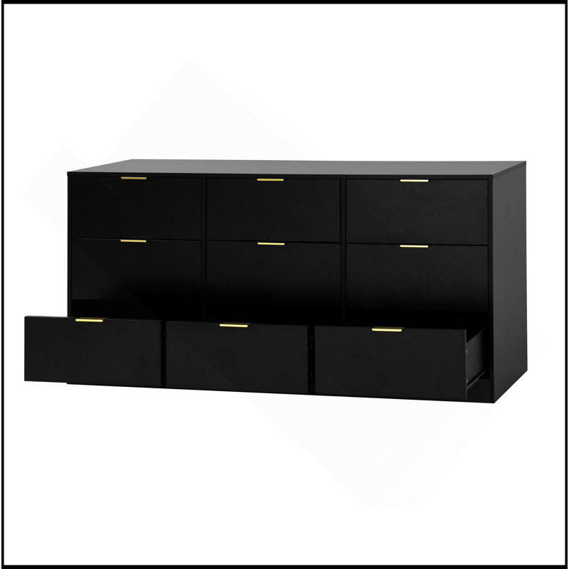 Commode 9 tiroirs noire, grande commode profonde de 63 po, commode en bois avec 9 tiroirs pour la chambre à coucher, commodes longues pour le salon, couloir