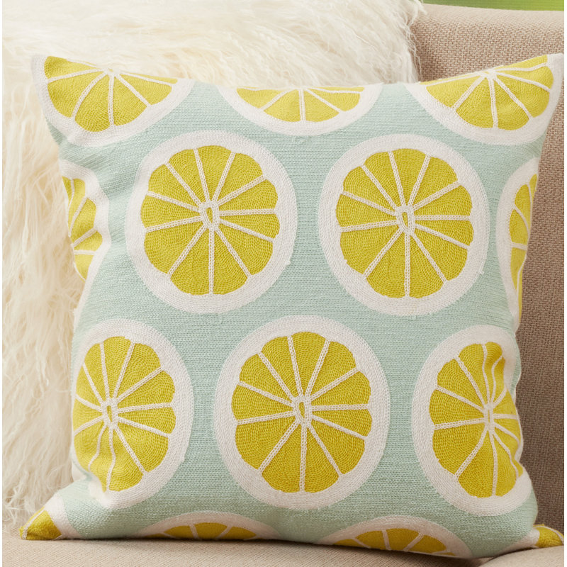 Lime and White Embroidered Citrus Square Pillow