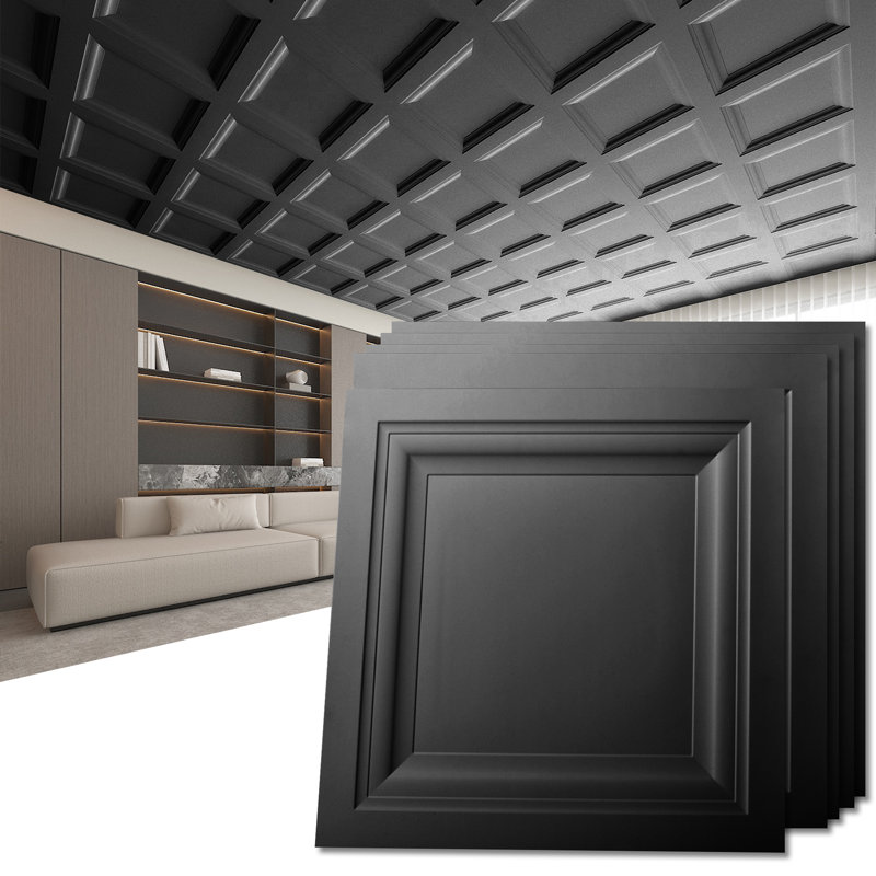 24'' x 24'' 3D PVC Drop-In Ceiling Tile, Waterproof and Fire-Rated,Cover 144 Sq. Ft. (Set of 36), Black