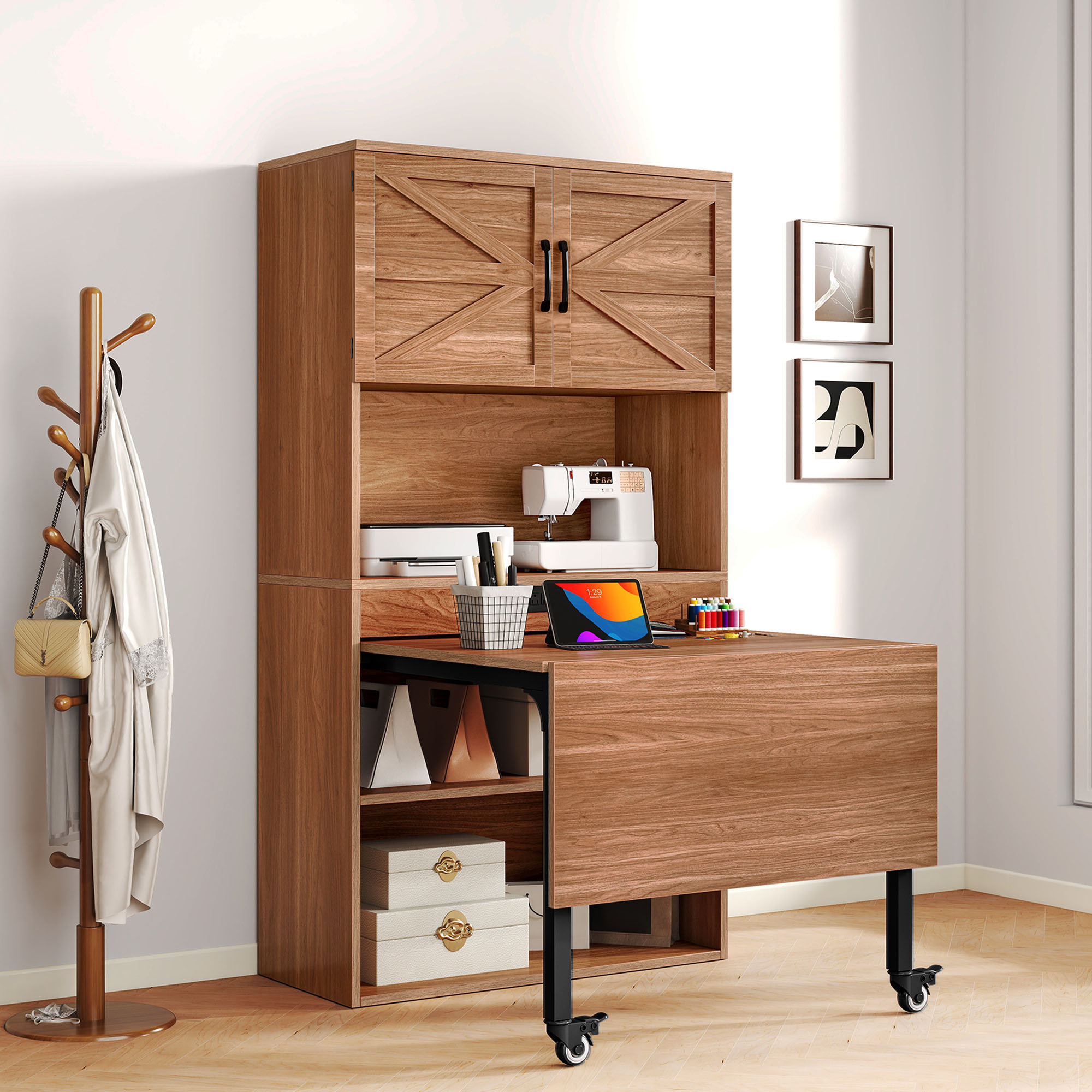 Balconera Expandable Crafting Sewing Table With Storage Cabinet And Power Outlets