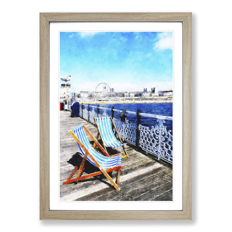 Upon Brighton Beach Pier - Picture Frame Painting Print, Oak Framed, 63cm H x 45cm W x 2cm D