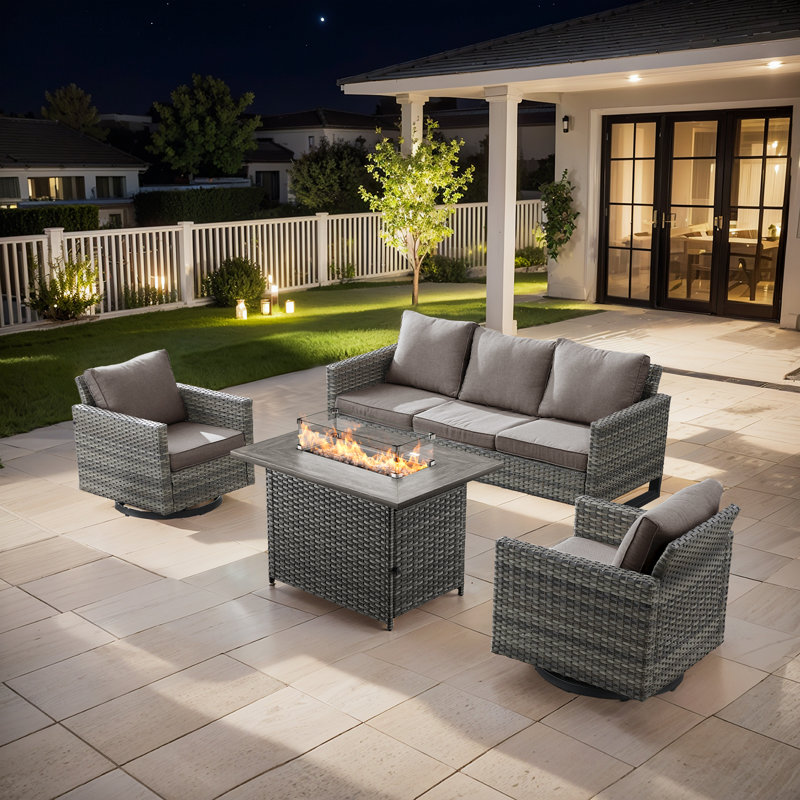 Bayboro 5 - Person Outdoor Seating Group With 41" Fire Pit With Swivel Glide Chair And Cushions, Gray