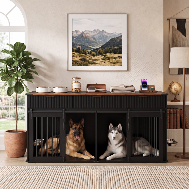 Meuble pour chien 71 po avec 3 tiroirs cannelés, grand chenil avec prise de courant et mangeoires rotatives pour chiens robustes