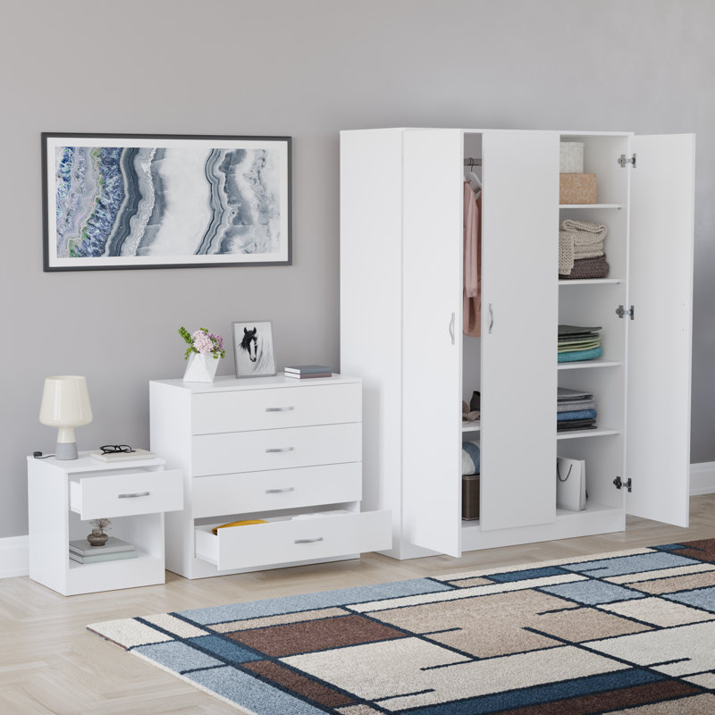 Maybery 3 Piece Bedroom Set (1 Drawer Bedside Chest, 4 Drawer Chest, 3 Door Wardrobe), (5), White