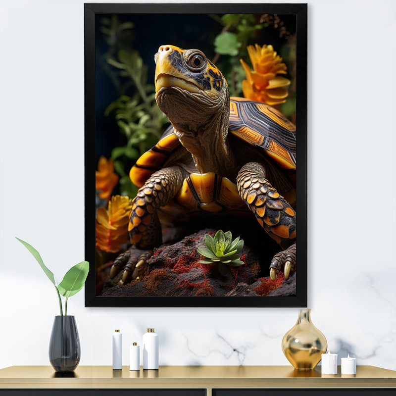 Tortue, portrait floral I - animaux, impressions sur toile, Cadre d'angle fermé noir, H 32 po x l 24 po x P 1 po