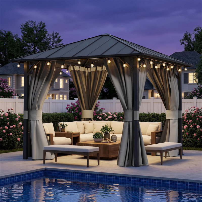 Outdoor Patio Gazebo With Netting And Curtains, Gray, 10 Ft. W x 10 Ft. D