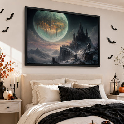 Château gothique fantastique sur une falaise enneigée sous une toile géante d'Halloween
