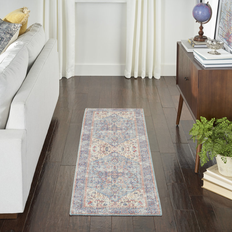 Machine Washable Oriental Blue/Red Area Rug, Runner 2'2" x 12'
