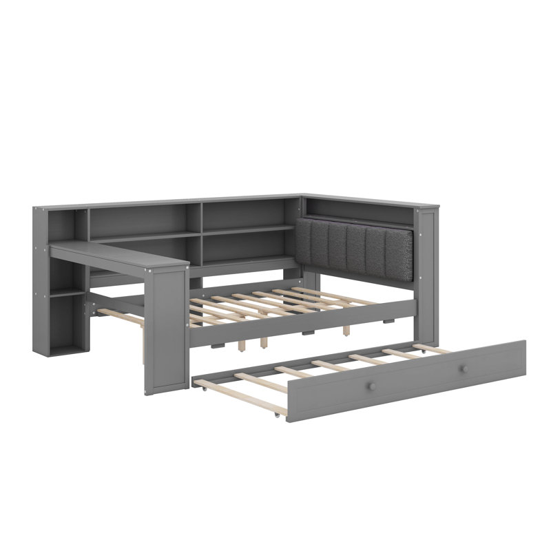 Wood Platform Bed With Storage Shelves And Trundle, Charging Station And LED, Desk And Upholstered Headboard