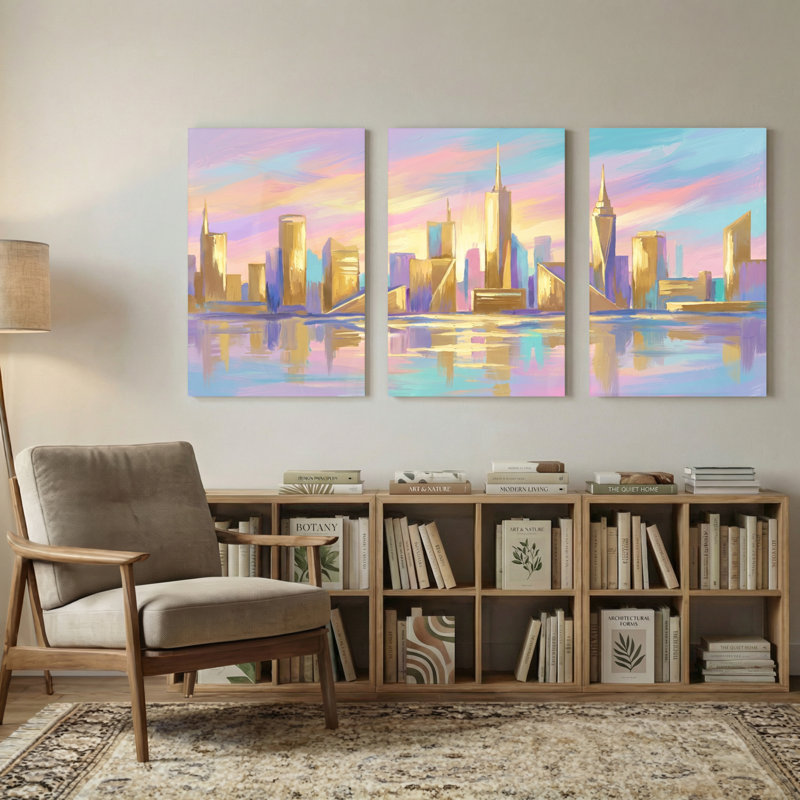 «Abstract City Skyline Sunset Reflection», ensemble de 3 impressions sur toile, 24” H x 48” W