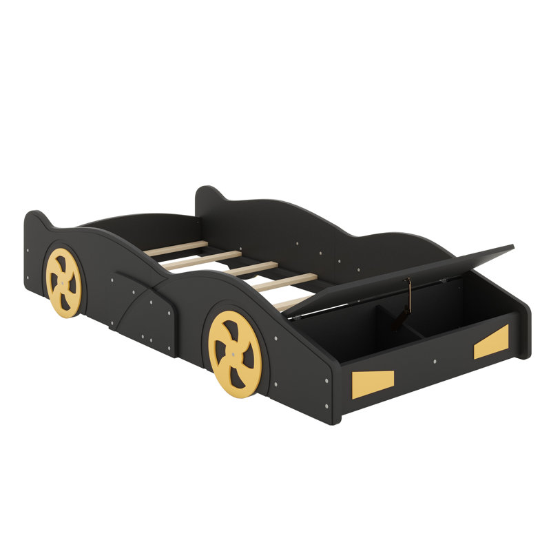 Race Car-Shaped Platform Bed With Wheels And Storage, Black/Yellow, Twin