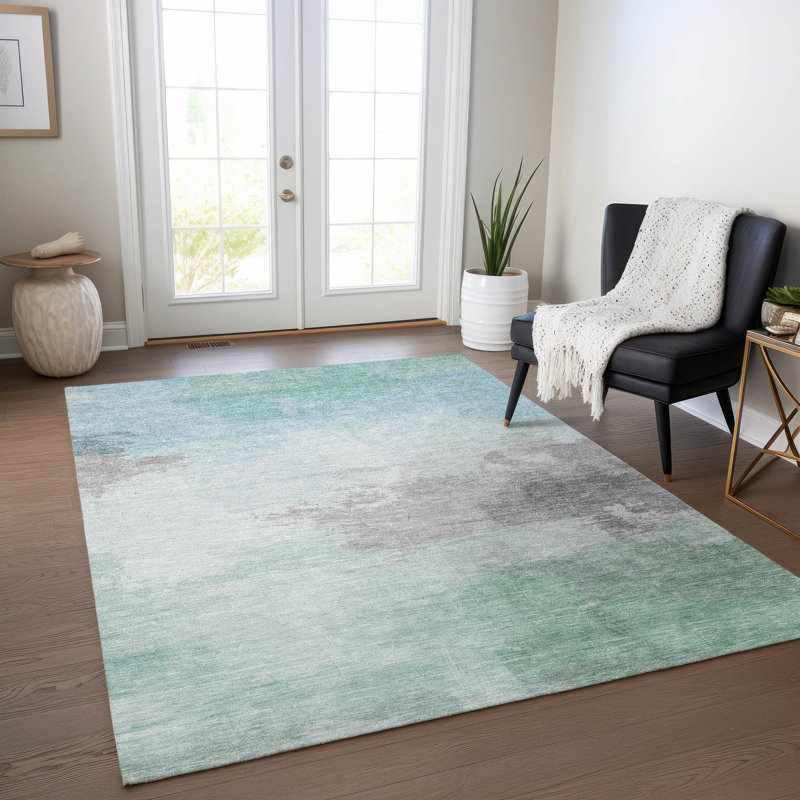 Machine Washable Seafoam and Gray Synthetic 5' x 7' Rug
