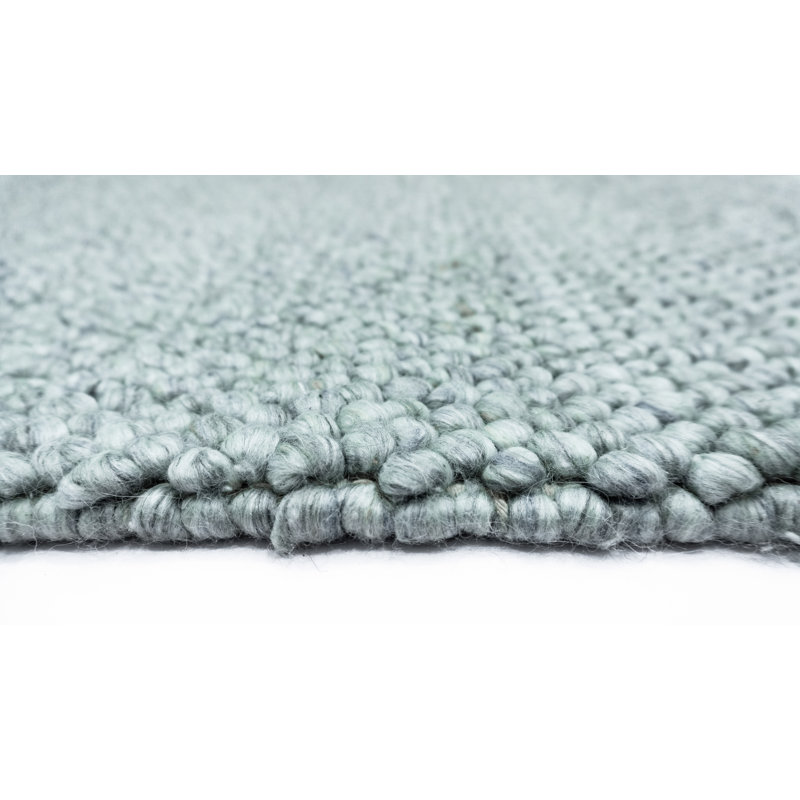 Jossi Solid Color Hand-Knotted Wool/Nylon Area Rug, Rectangle 8' x 11', Ivory/Blue