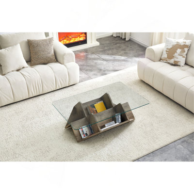 Table basse en verre trempé et panneau de fibres à densité moyenne avec grain de bois sculpté et couteau