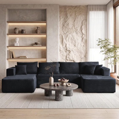U-Shaped Cloud Sectional Sofa, 132" Boneless Modular Corduroy Couch with Deep Seat, Gray, No Assembly
