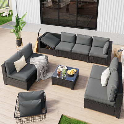  𝗣𝗿𝗲-𝗔𝘀𝘀𝗲𝗺𝗯𝗹𝗲𝗱 𝗖𝗵𝗮𝗶𝗿𝘀, Ensemble de conversation modulaire en rotin pour 8 personnes avec table basse et foyer d'extérieur